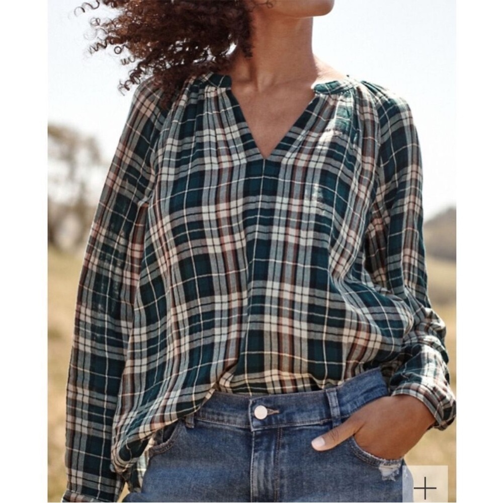 NWT Garnet Hill Plaid Organic Cotton V-Neck Popover Blouse L or XL